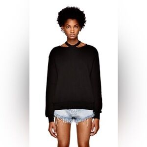 Unravel Black Cashmere Blend Distressed Neck Sweater | Off-Shoulder